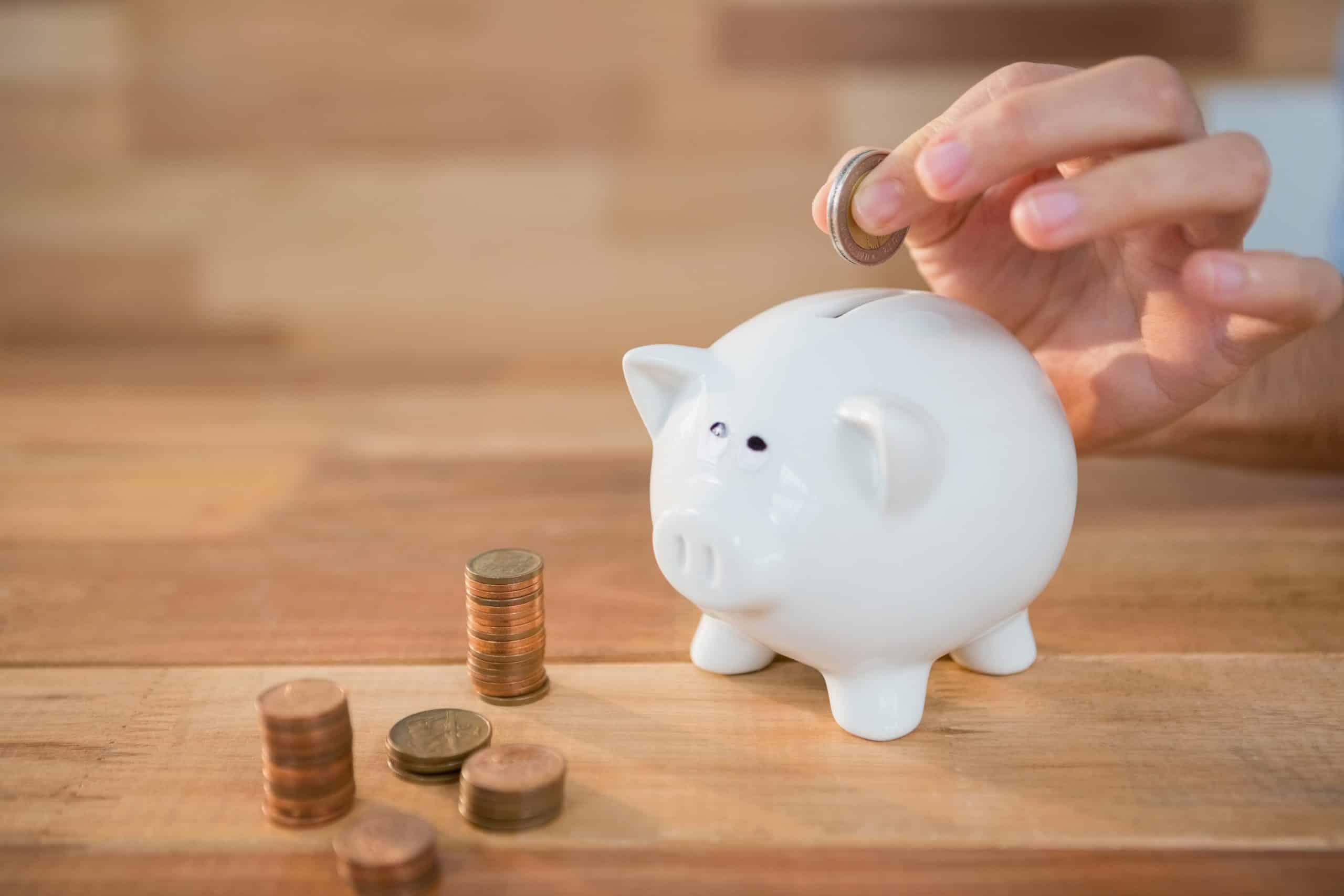 illustration de l'épargne salariale avec une personne qui met de l'argent dans une tirelire cochon