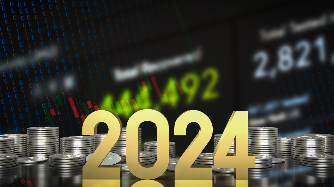 Illustration de l'article sur le contexte 2024 avec l'année et un écran de bourse en fond d'image
