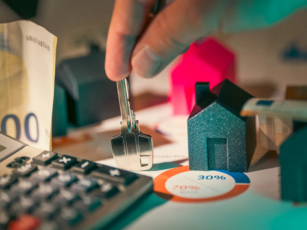 Image d'une calculette, d'un maquette de maison et de clefs illustrant le pret bancaire 