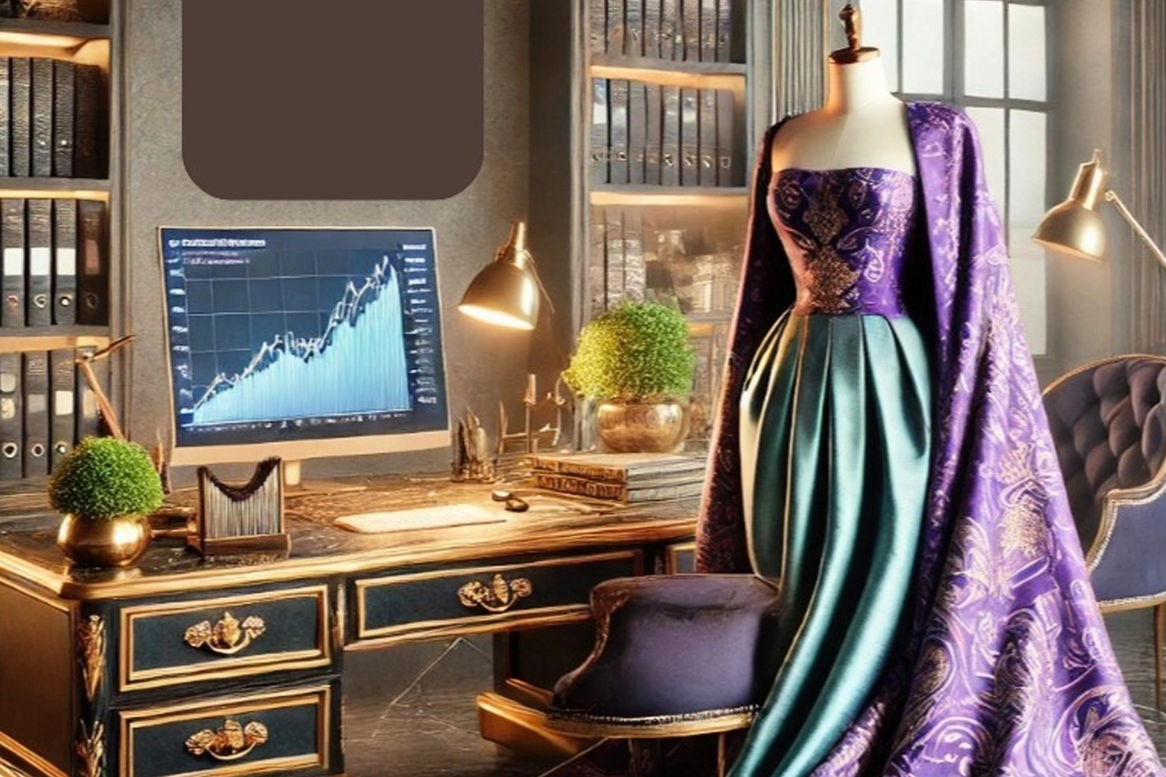 Une robe de haute couture en violet et vert devant un écran boursier
